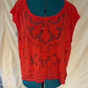 Free People Red Lace Short Sleeve Top